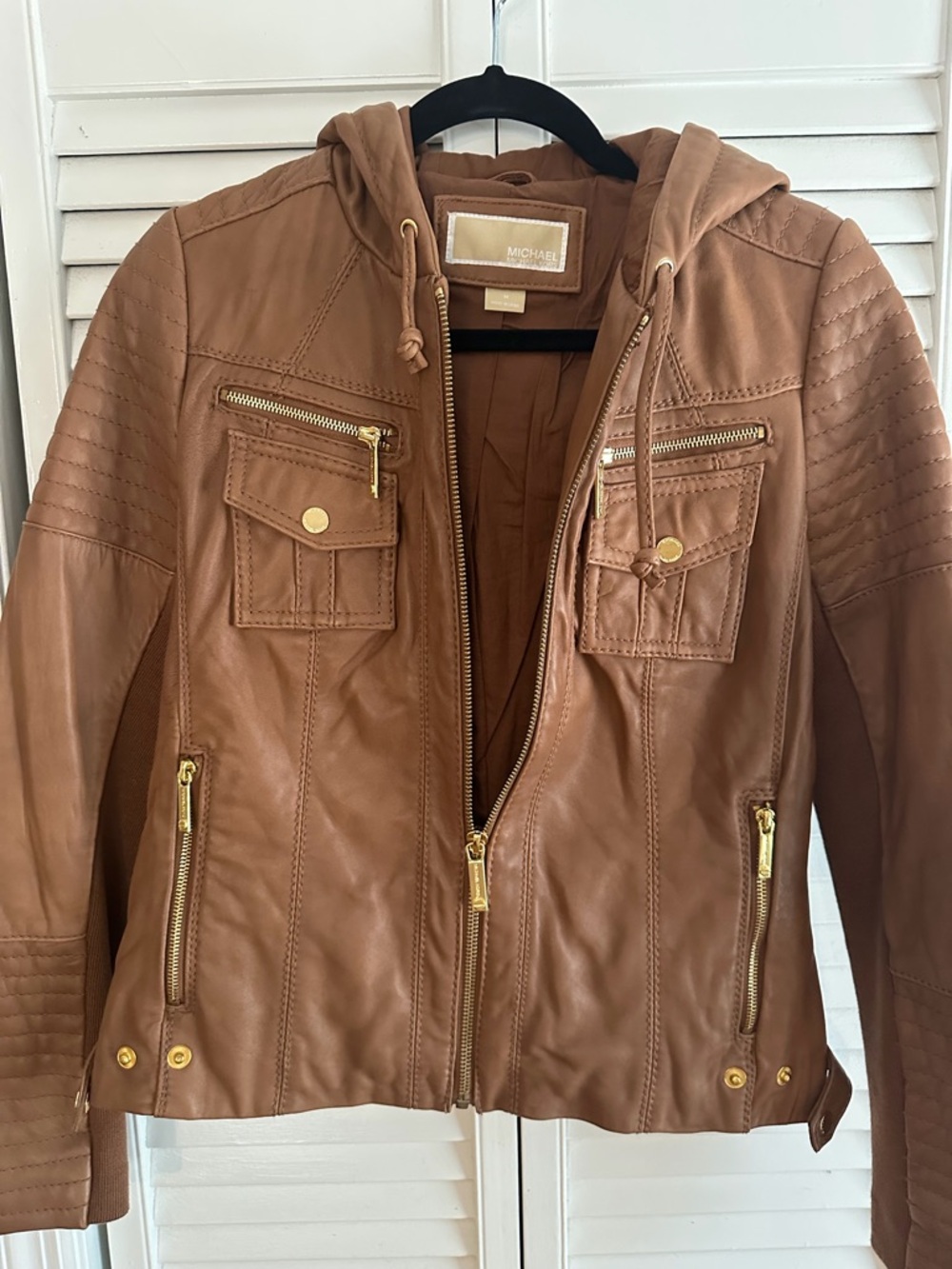 Michael Kors Cognac Brown Hooded Leather Jacket with Gold Hardware *Vintage*